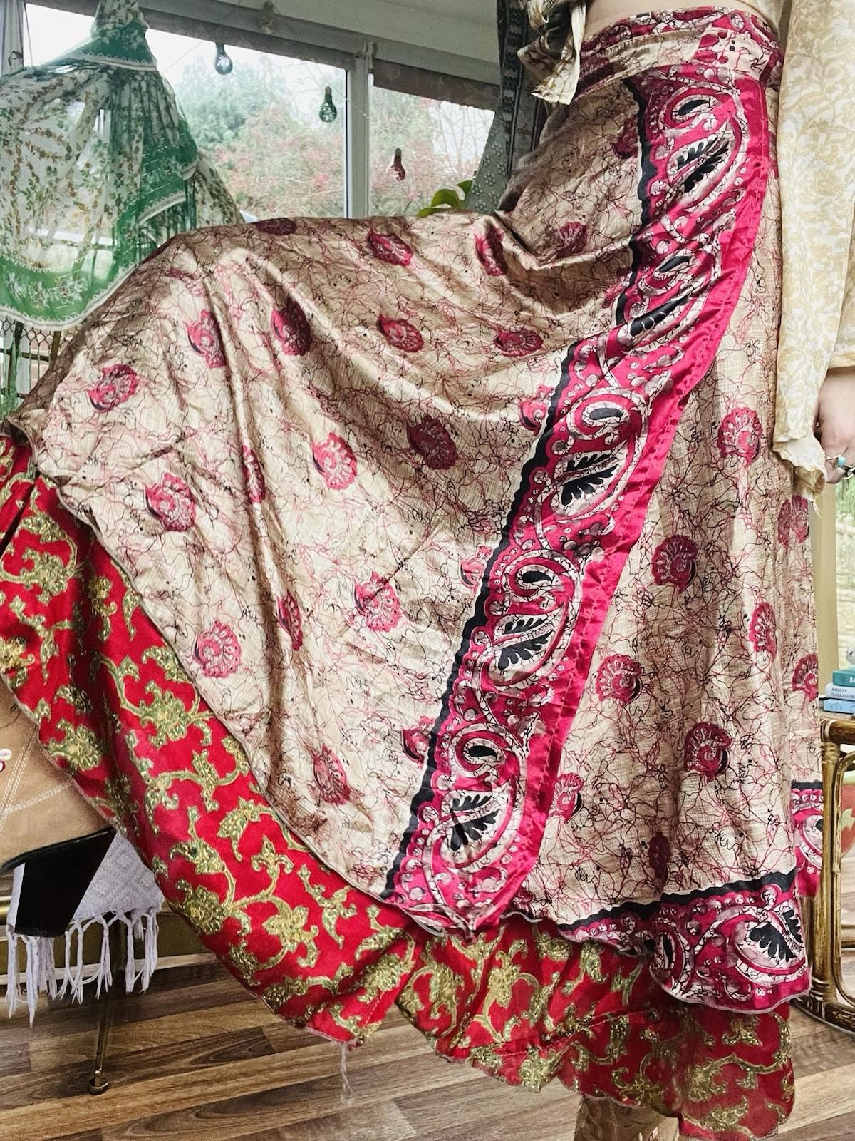 Layered Hippie Maxi Skirt Vintage Sari Silk Hippie Boho Long Gypsy Wrap Skirt