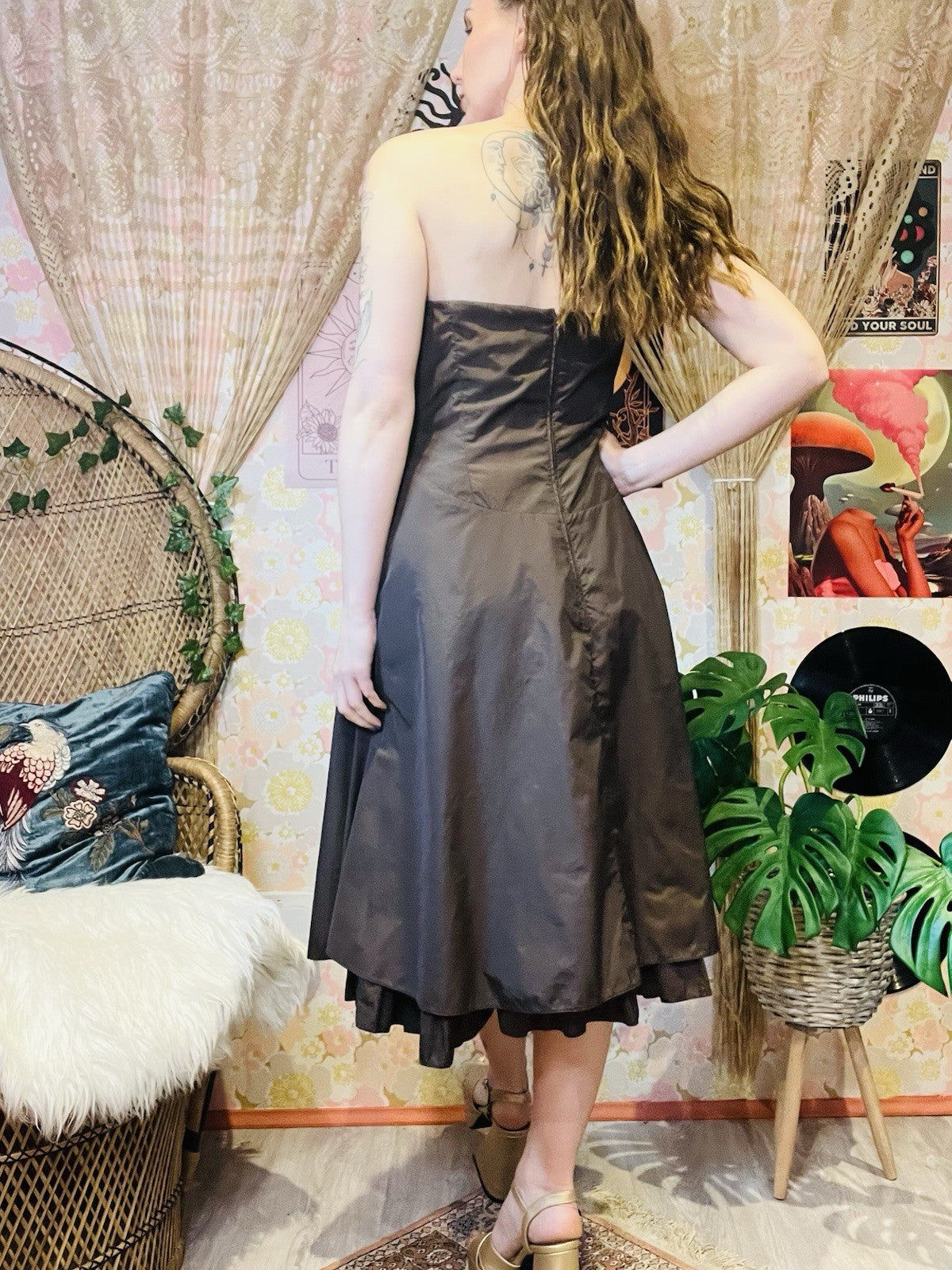 Vintage 1990s Prom Dress Strapless Cocktail Gown Brown Size 14