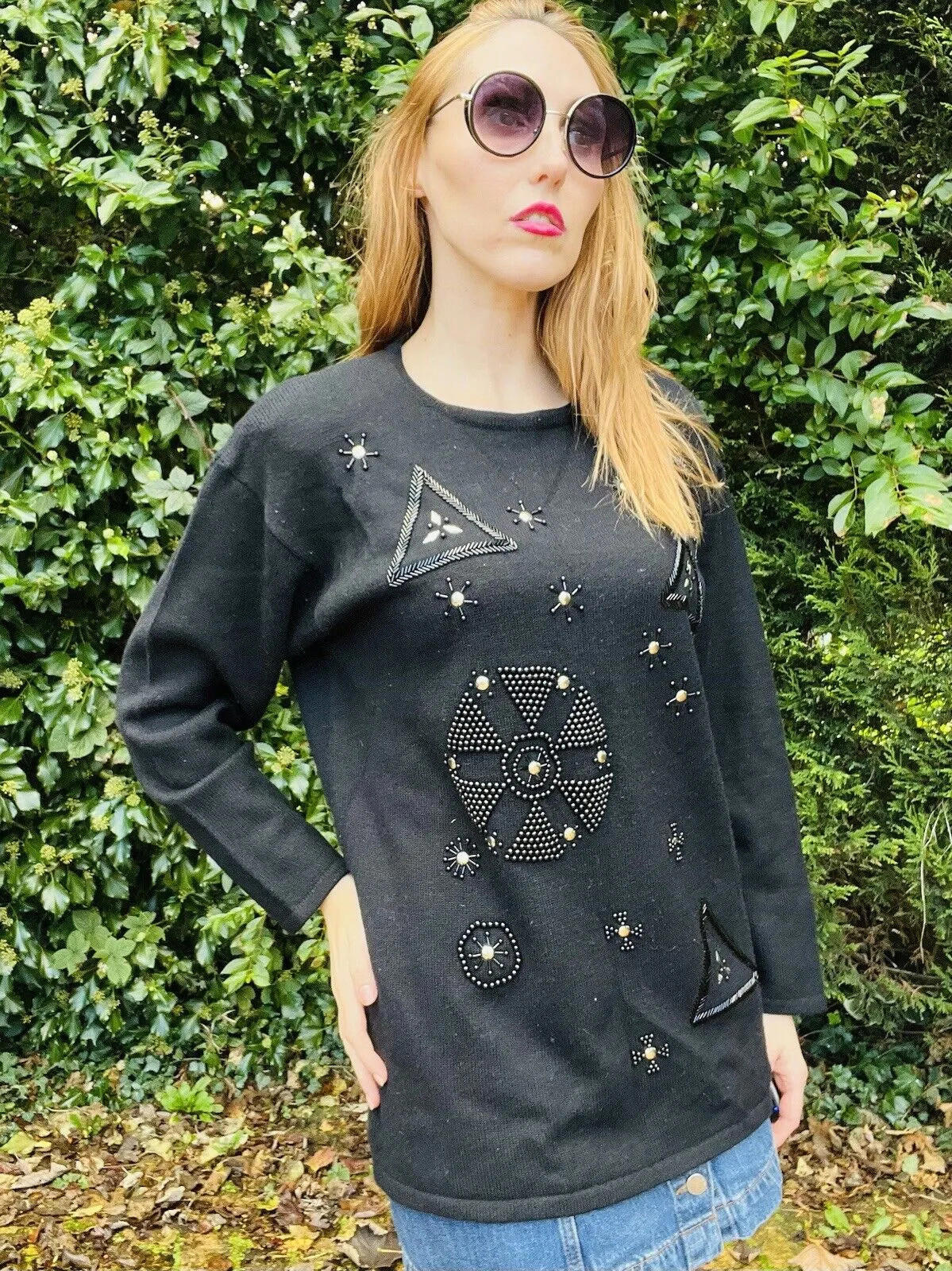 Vintage 1980s Wool Blend Jumper Size 14 Festive Christmas Sweater Beaded Black