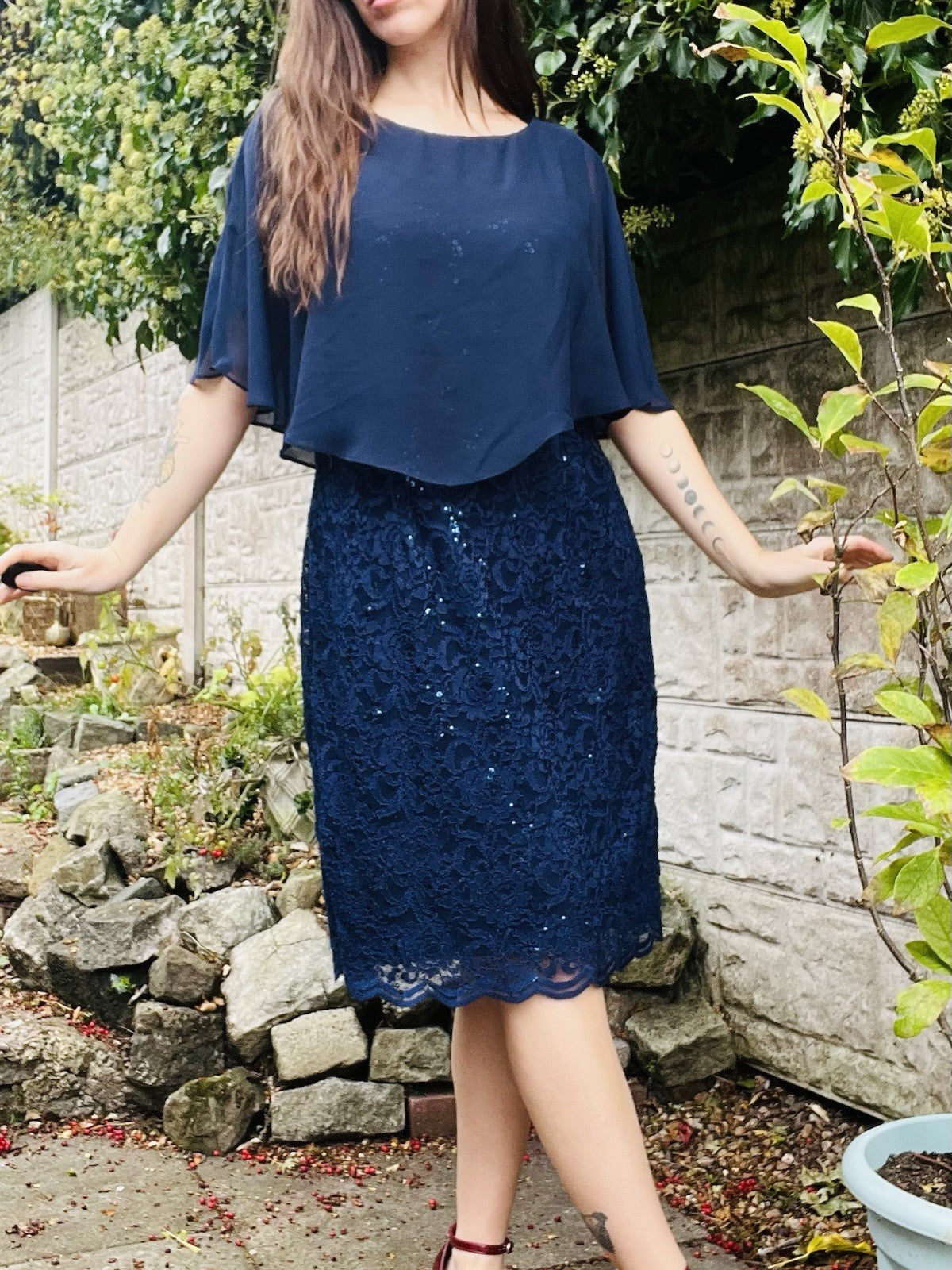 Vintage 1980s Cocktail Dress Blue Size 18 To 20 Retro Lace  80s With Sheer Cape