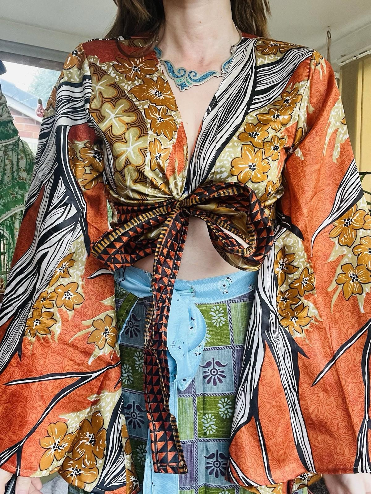 Flared Sleeve Top Vintage Silk Hippie Boho Bell Sleeved Wrap Top Gypsy Bolero