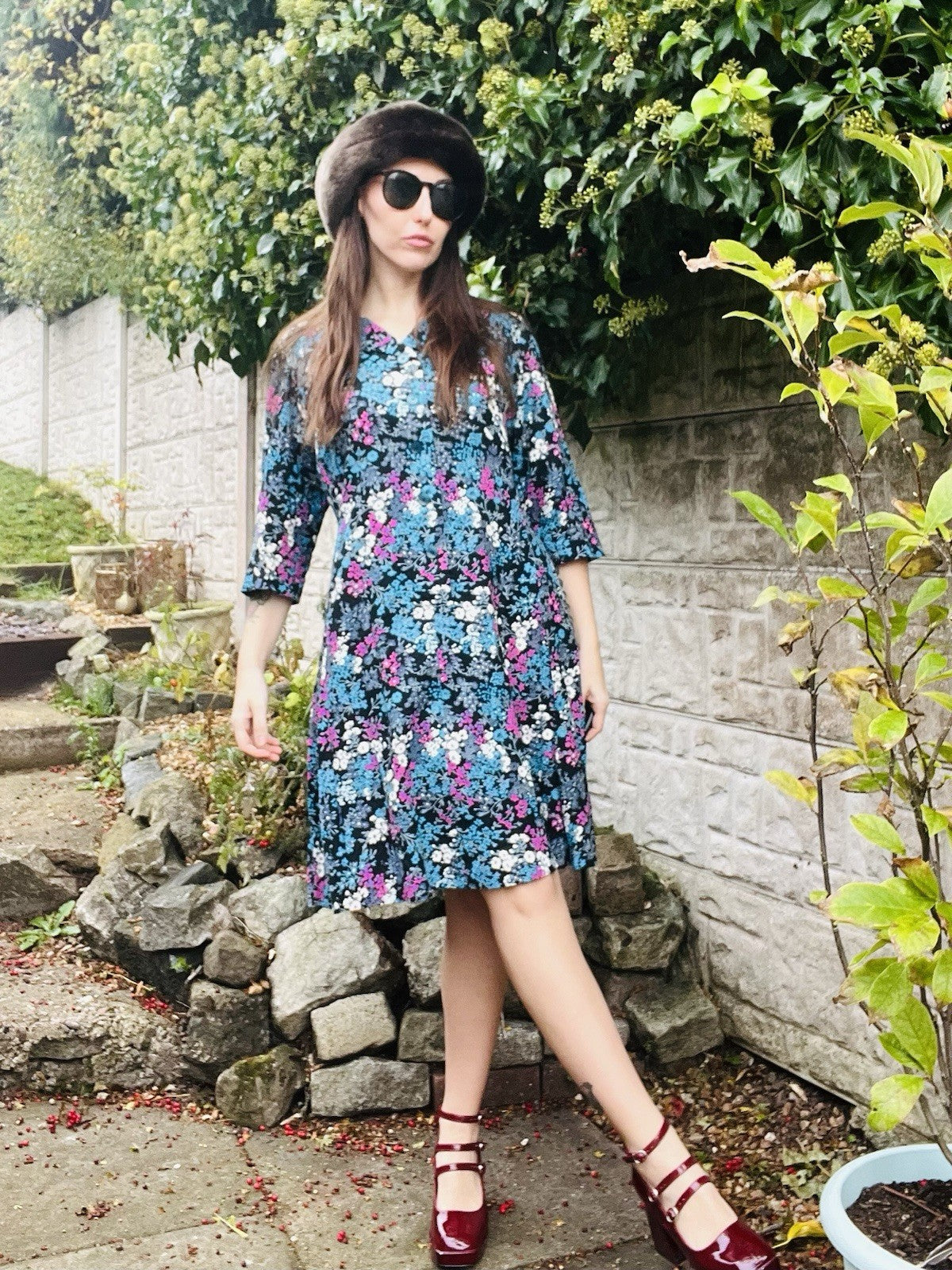 Vintgae 1960s Floral Dress Blue Size 16 Ditsy Retro Boho Casual Tea Dress