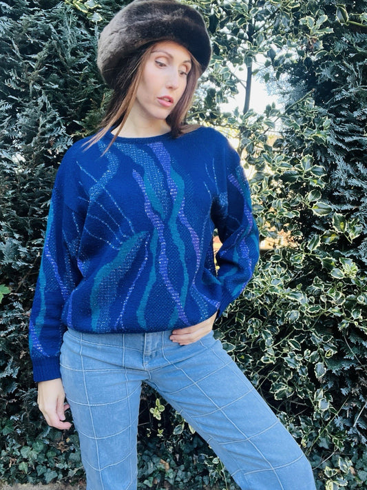 Vintage 1980s Knitted Jumper, Blue Retro Design Winter Knit - Blue Size L