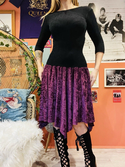 Vintage 90s Velvet Dress By Crystal Whimsigoth Low Back & Bow Black Purple 8-10