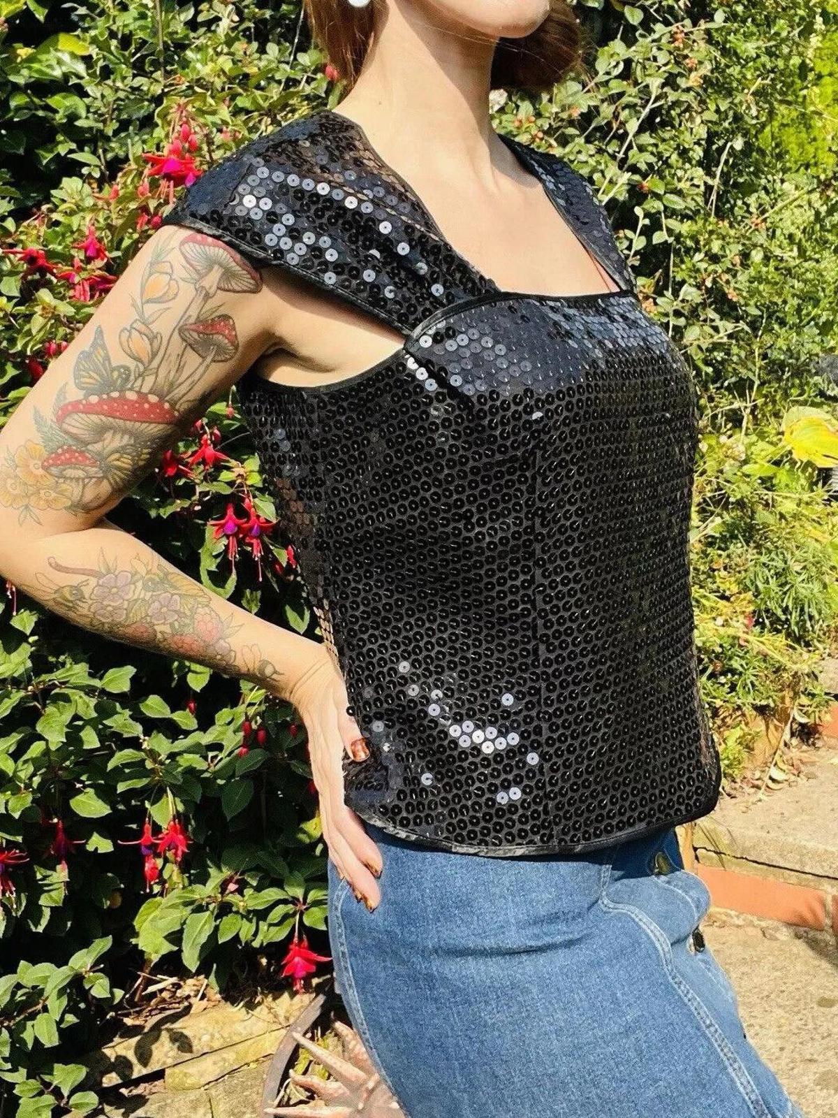 Vintage 1980s Sequin Top 16 Black Sparkly Evening Tank Vest Top Sleeveless Cami