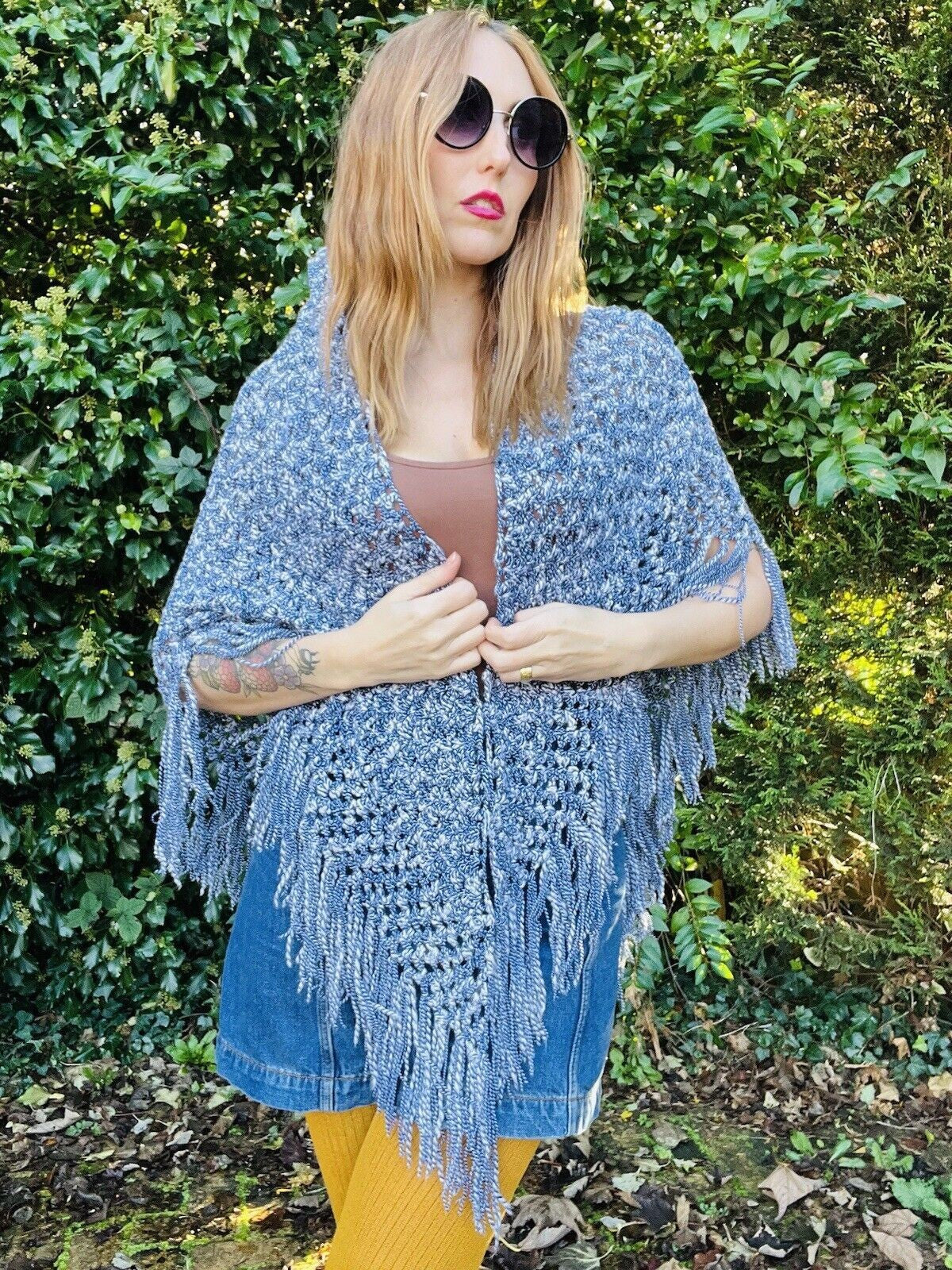 Vintage Boho Crochet Shawl Hippie Triangle Knit Wrap Cape Cottage Whimsy Scarf