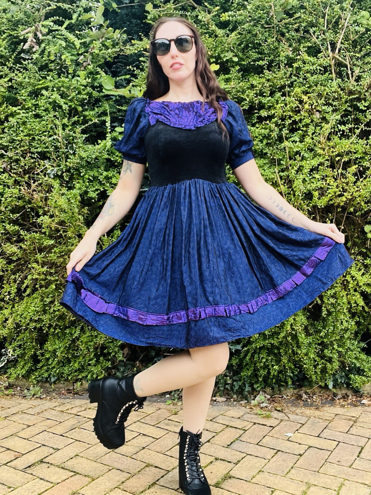 Vintage 1990s Frilly Dress, Velvet Bodice Cotton Skirts Puff Sleeves, Purple 6-8