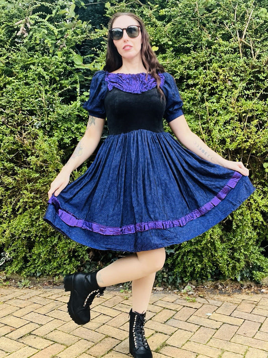 Vintage 1990s Frilly Dress, Velvet Bodice Cotton Skirts Puff Sleeves, Purple 6-8