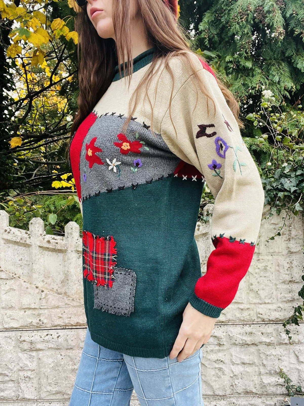 Vintage 90s Knit Jumper By Fabrizio Patchwork Cottagecore Whimsy Sweater Size 10