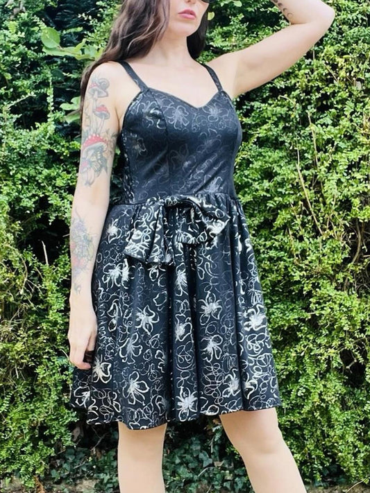 Vintage 1980s Part Dress By C&A Black With Retro Silver Floral Pattern Size 10