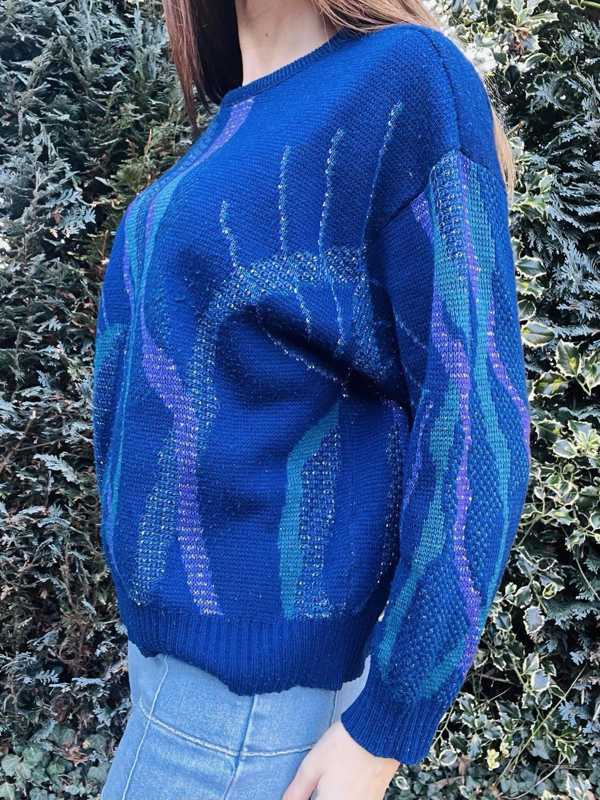 Vintage 1980s Knitted Jumper Blue Retro Design Winter Knit Blue Size L