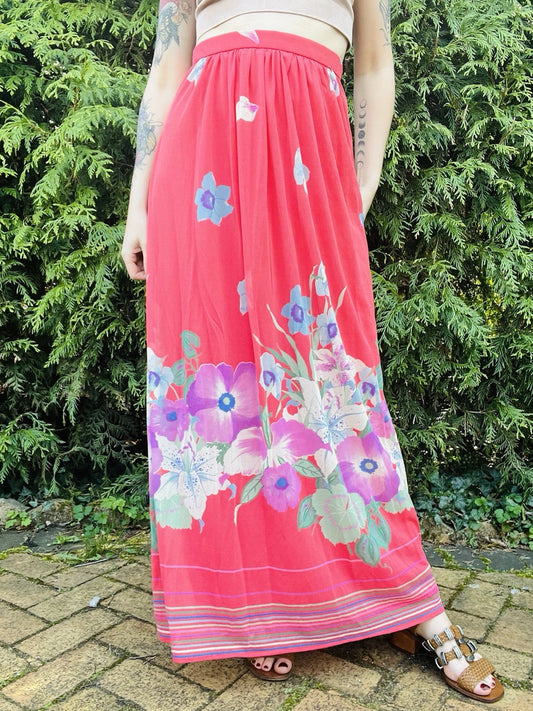 Vintage 1980s Maxi Skirt Bold Floral Print Summer Festival Long Skirt Pink 10