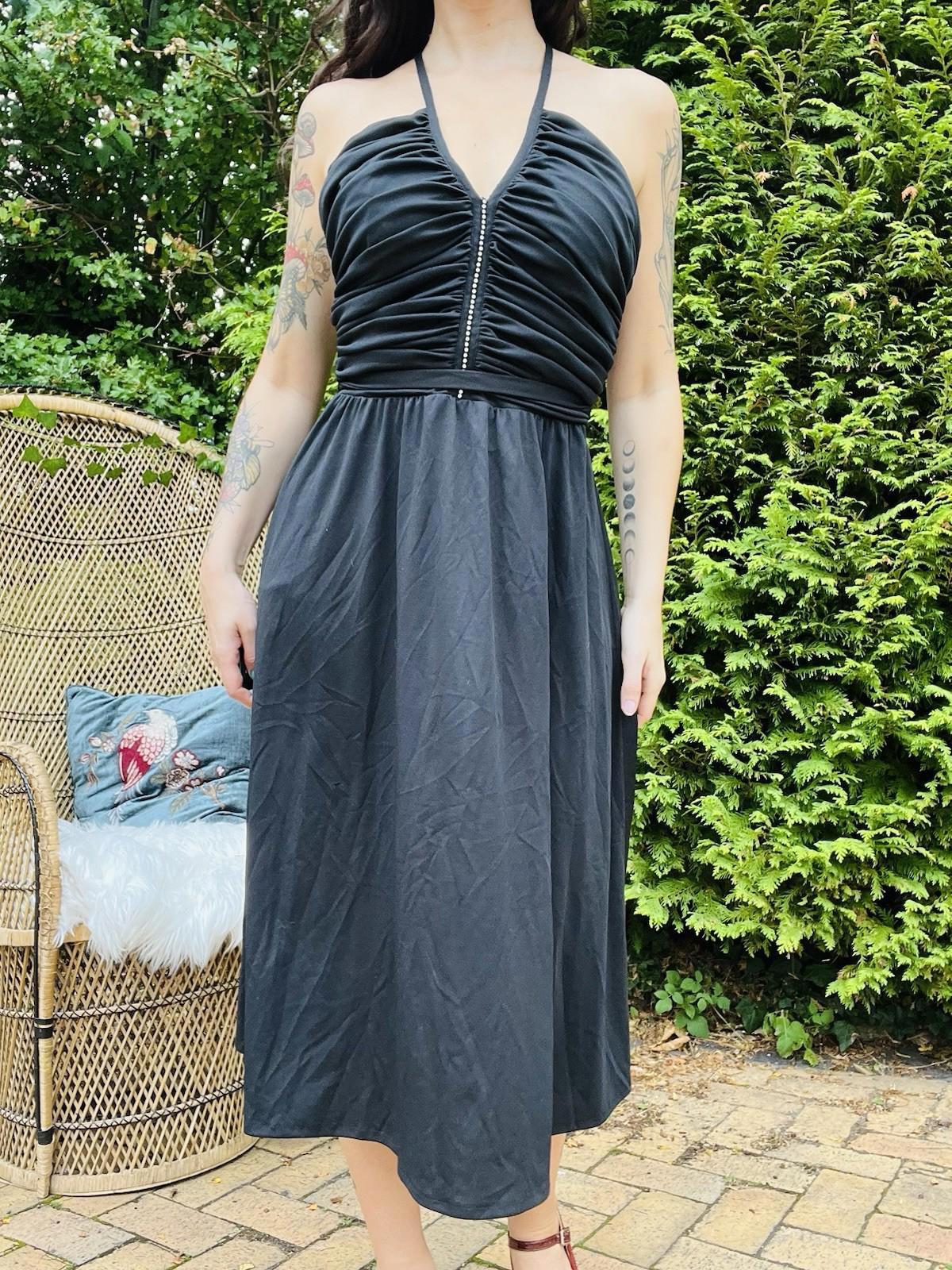 Vintage 1980s Party Dress Black Floaty Rouched Waist Strappy Dress Size 12