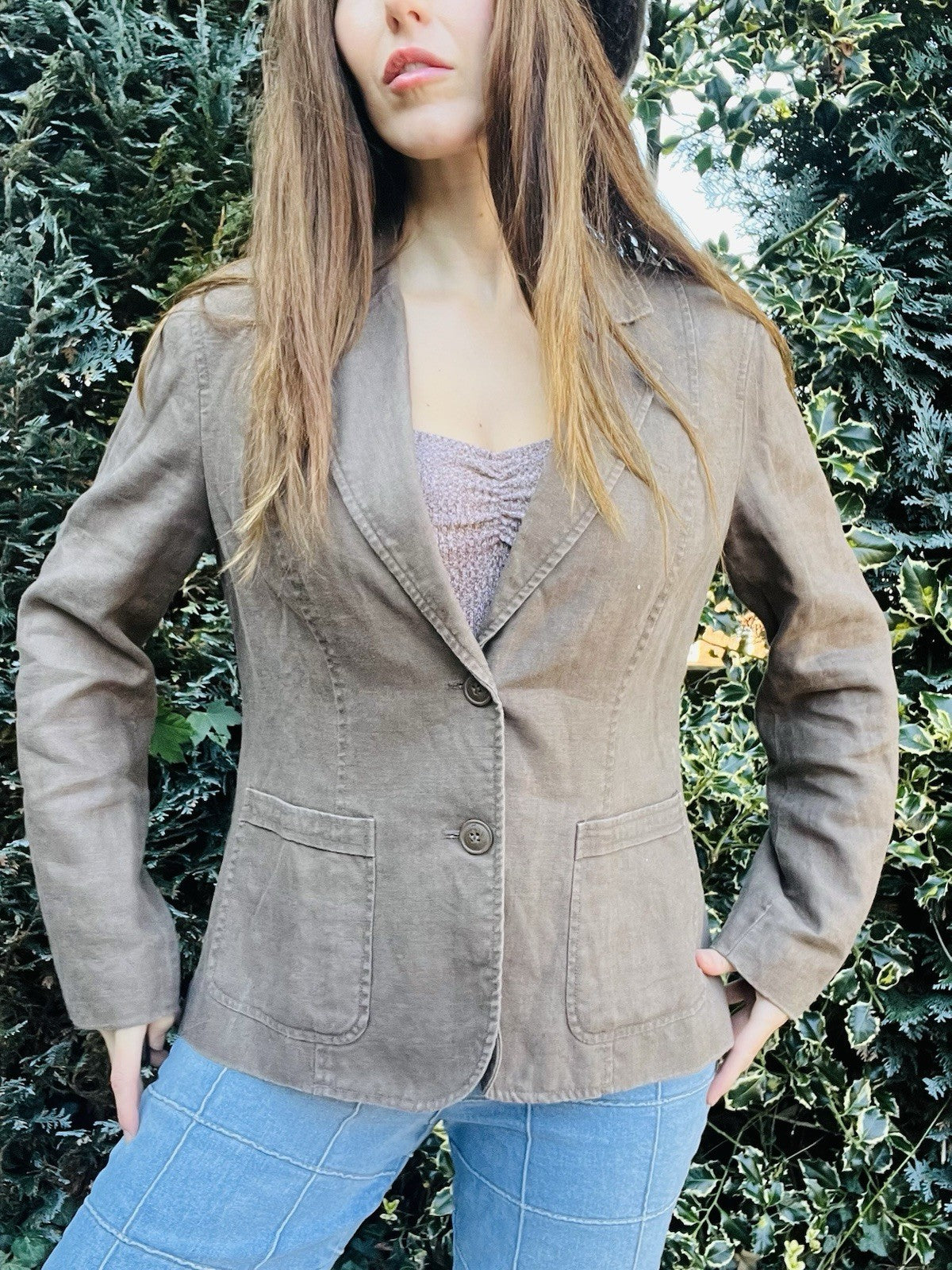 Vintage Y2K Jacket By Per Una, Lined Cotton Blazer With Pockets - Brown Size 14