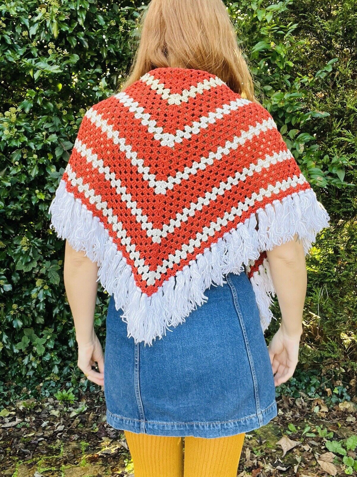 Vintage Knit Crochet Shawl Hippie Boho Triangle Wrap Cape Cottage Whimsy Scarf