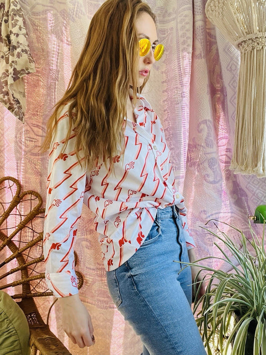 Vintage Blouse Bold Retro Print Collared Shirt Casual Or Formal Office Workwear