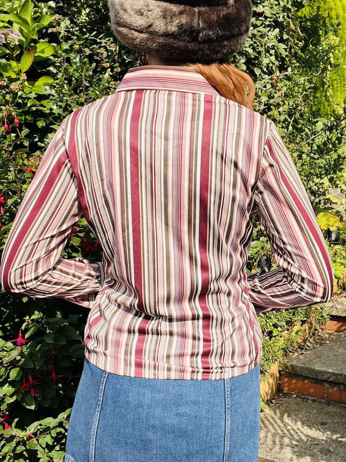 vintage striped shirt Size 10 12 Striped retro blouse by Areacode Pink Purple