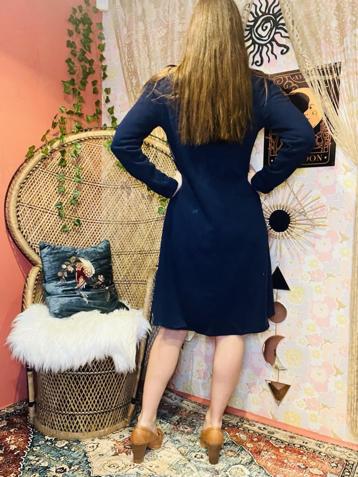 Vintage 1960s Day Dress Blue Size 14 Hippie Boho Had Painted Ditsy Floral Design