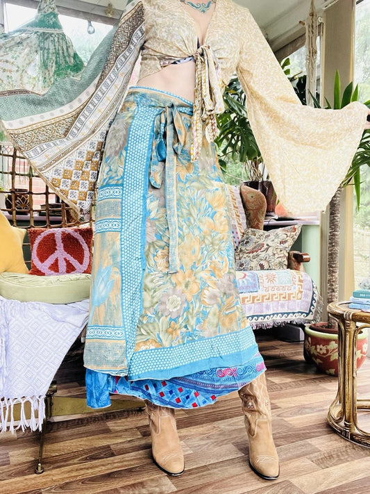 Layered Hippie Maxi Skirt Vintage Sari Silk Hippie Boho Long Gypsy Wrap Skirt