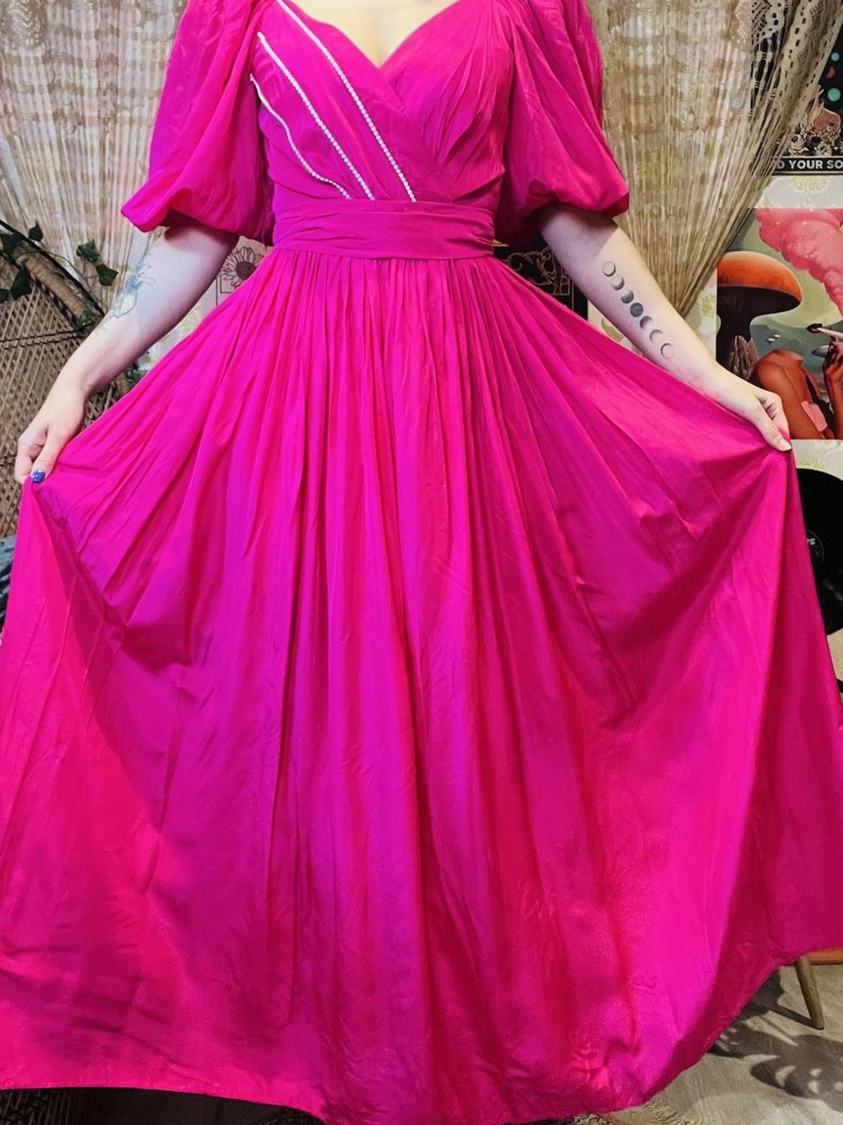 Vintage 1980s Puff Sleeve Dress And Tie Waist Hot Pink Cocktail Gown Size 8