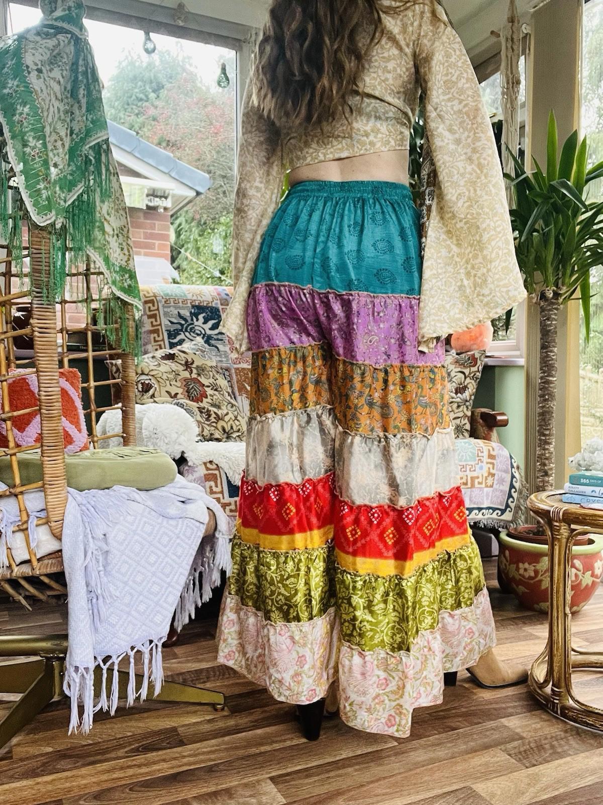 Wide Leg Trousers Vintage Patchwork Layered Sari Silk Hippie Boho Gypsy Pants M