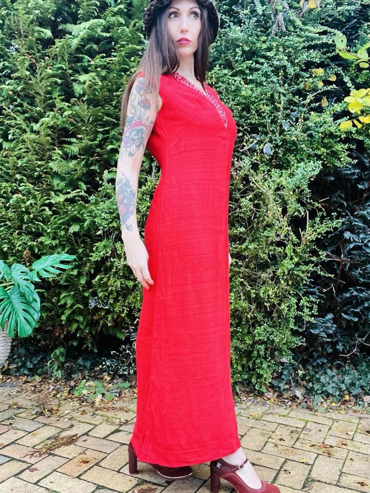 Vintage 1970s Maxi Dress Beaded Embellished Long Retro 70s Dress Red Size 14
