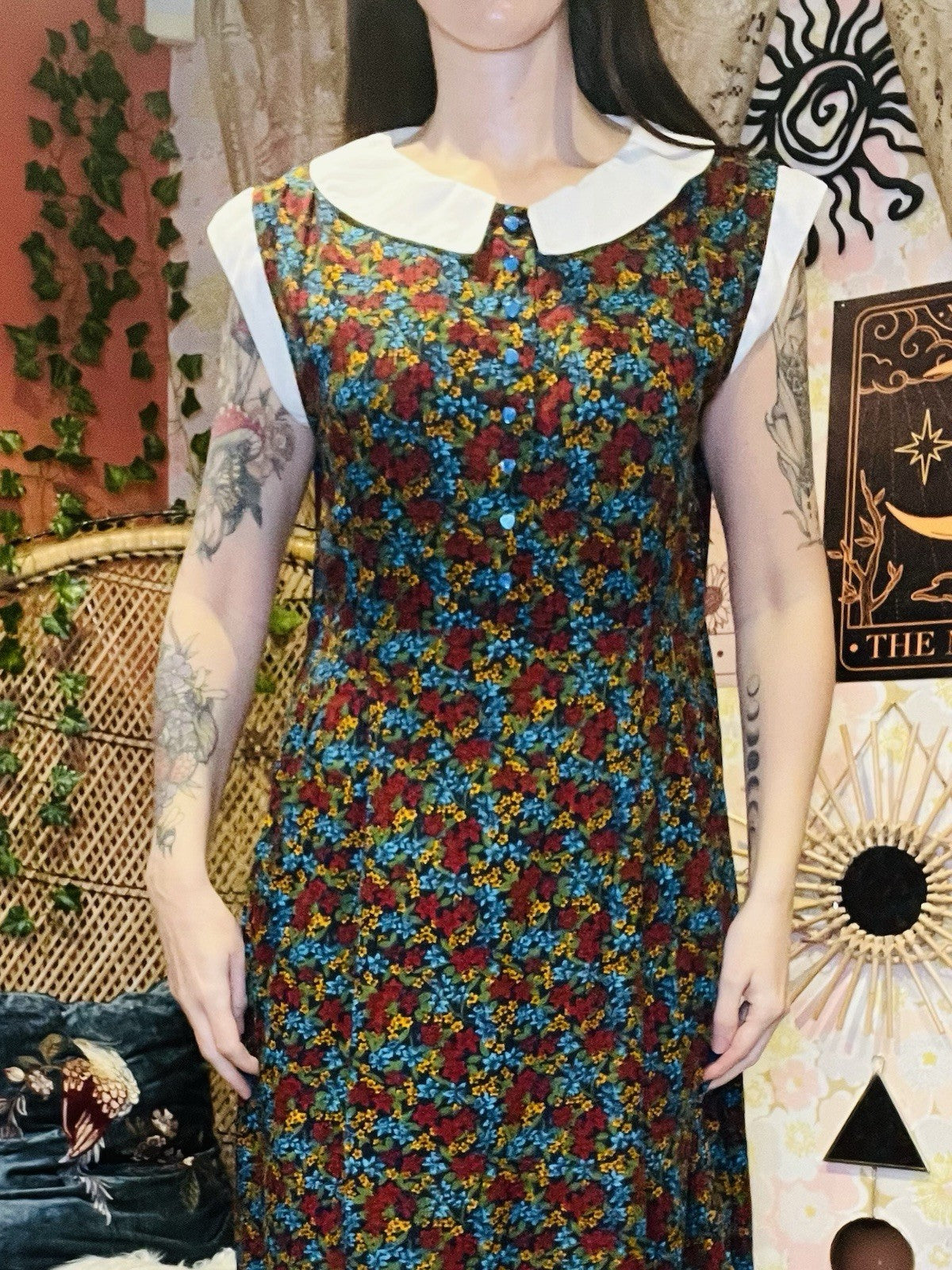 Vintage 70s Day Dress Size 16 Retro 1970s Ditsy Floral Collared Dress