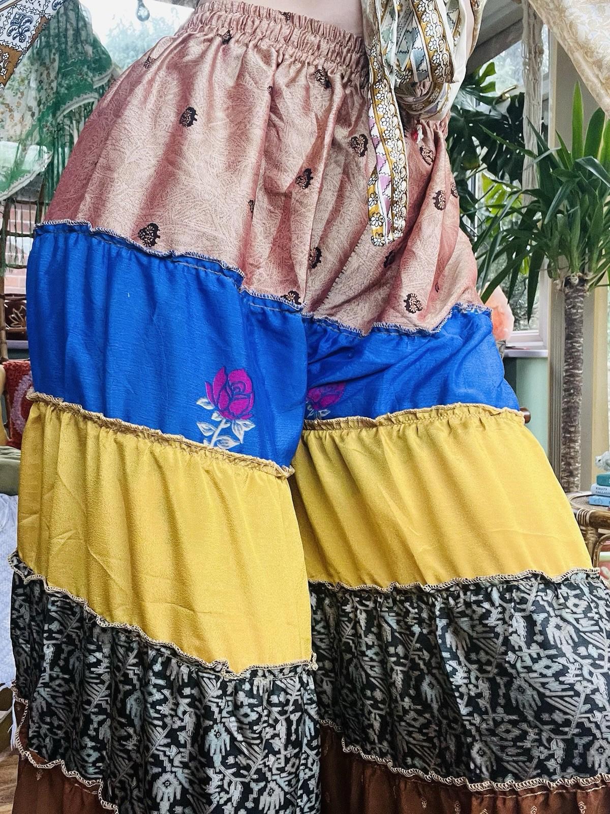 Wide Leg Trousers Vintage Patchwork Layered Sari Silk Hippie Boho Gypsy Pants M