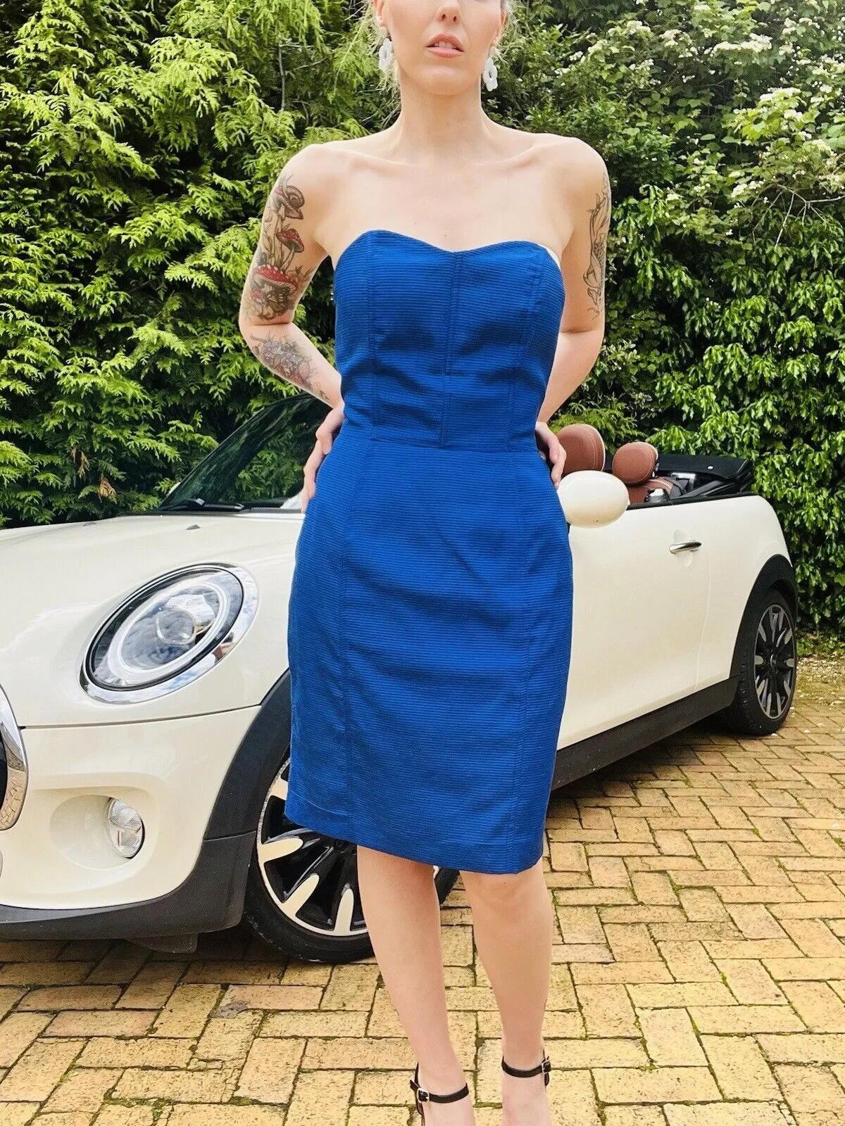 Vintage 1980s cocktail Dress Blue Size 12 fitted strapless pencil retro cocktail