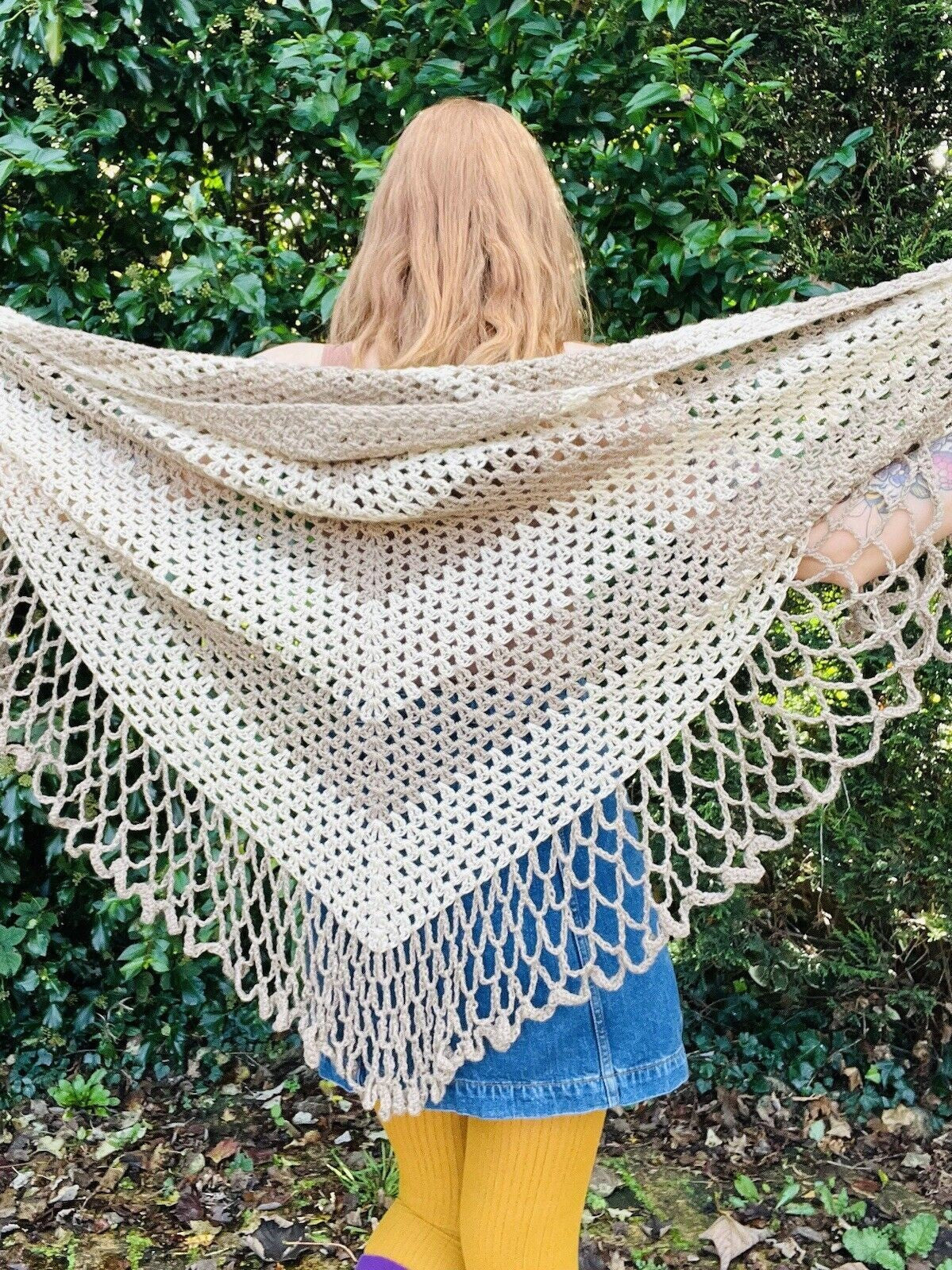 Vintage Knit Crochet Shawl Hippie Boho Triangle Wrap Cape Cottage Whimsy Scarf