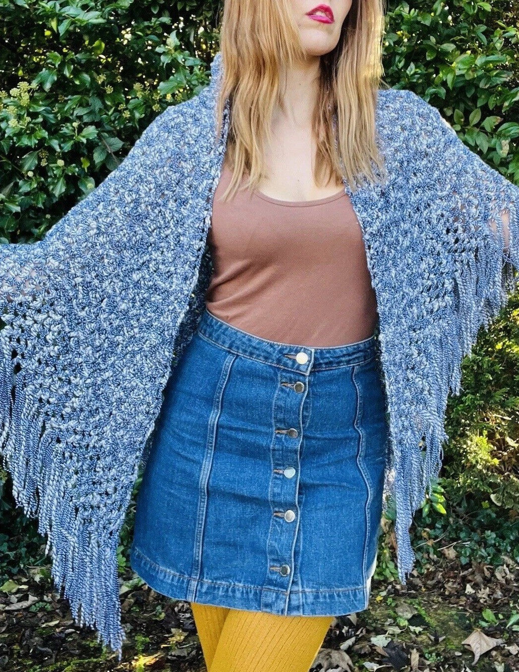 Vintage Boho Crochet Shawl Hippie Triangle Knit Wrap Cape Cottage Whimsy Scarf