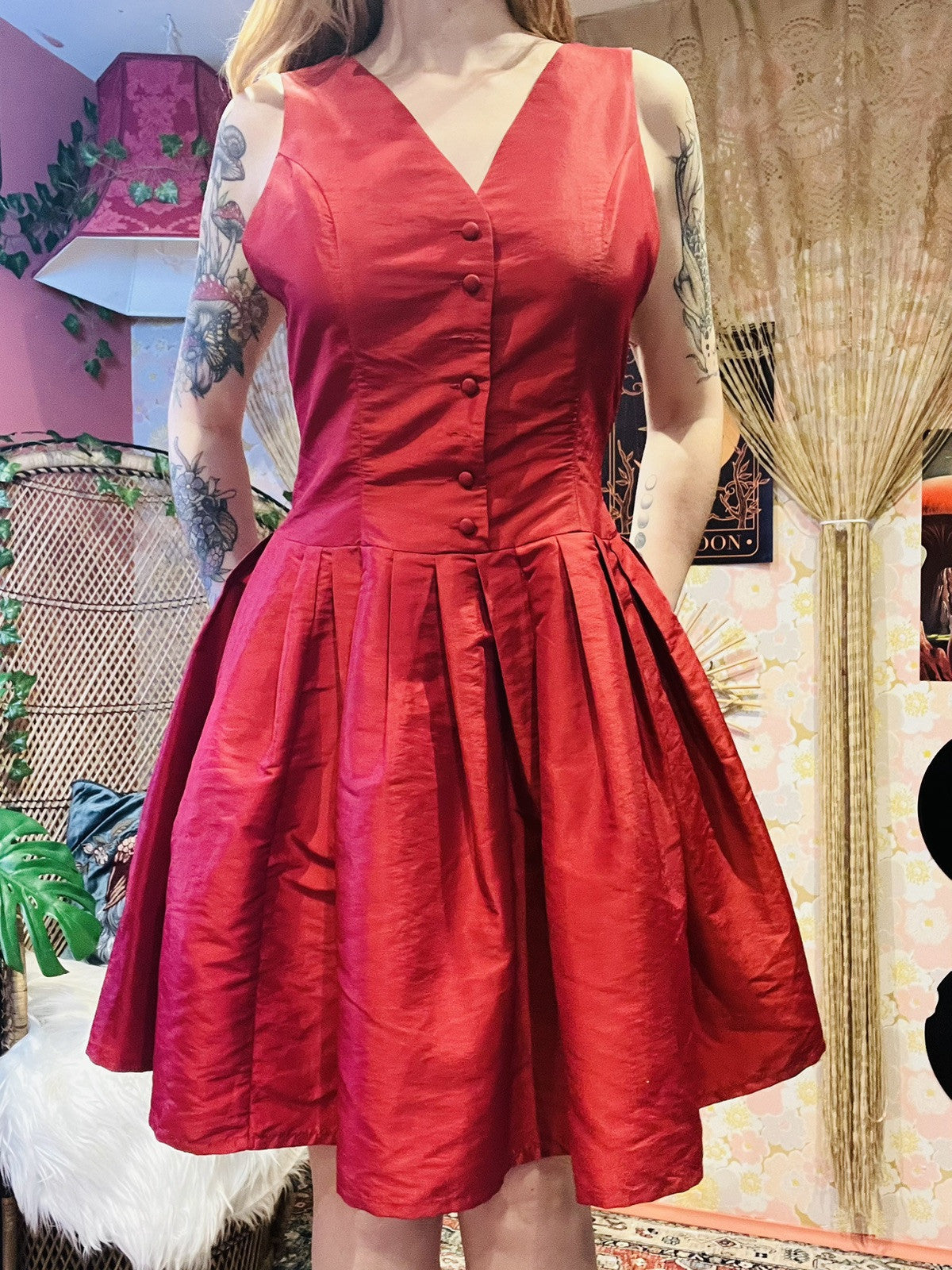 Vintage 1990s Cocktail Dress Button Front A Line Knee Length Party Prom Dress 12