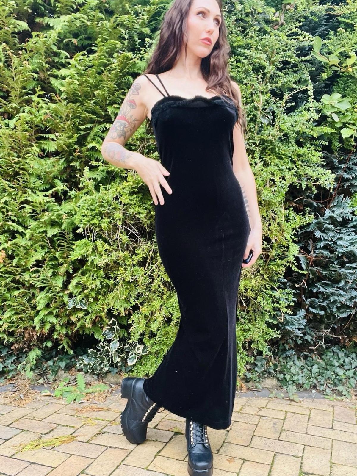 Vintage 1990s Velvet Dress With Fluffy Trim Pencil Wiggle Dress By El-KA 10