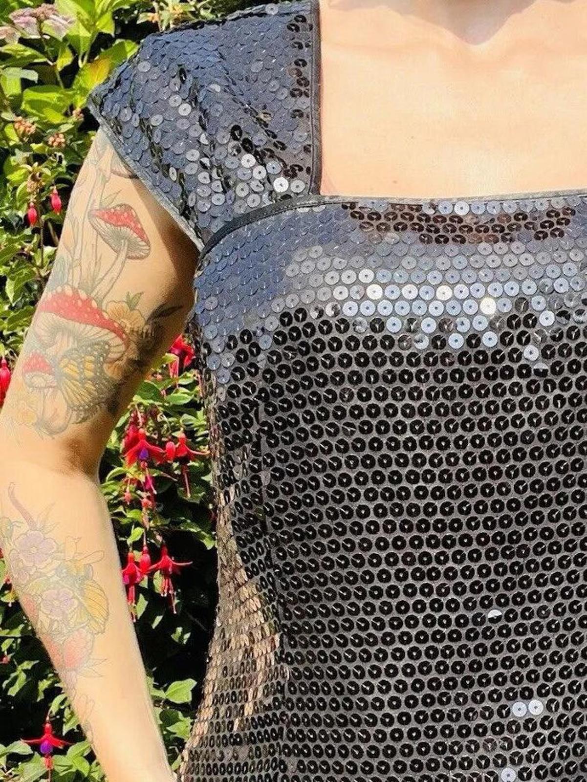 Vintage 1980s Sequin Top 16 Black Sparkly Evening Tank Vest Top Sleeveless Cami