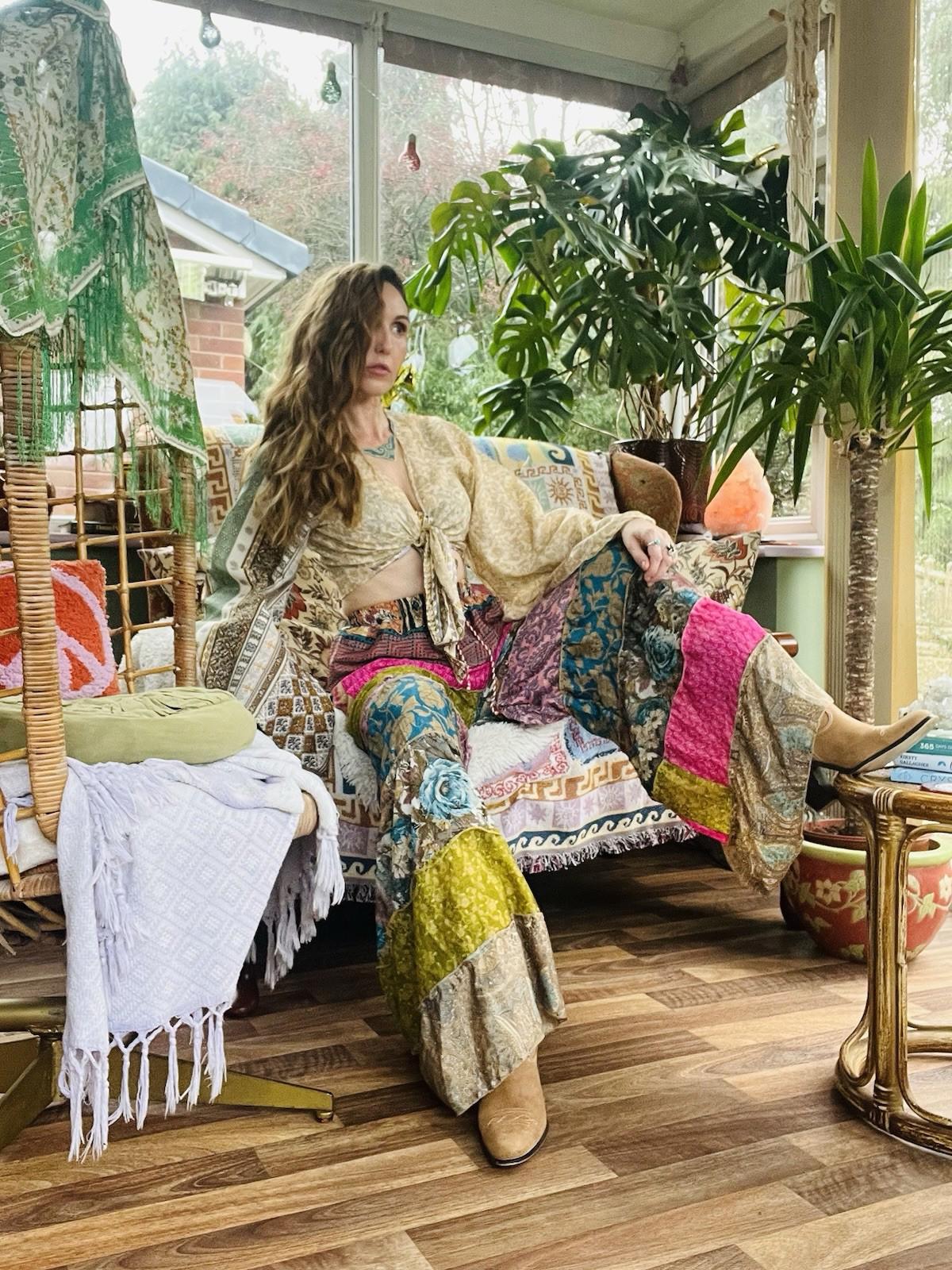 Wide Leg Trousers Vintage Patchwork Layered Sari Silk Hippie Boho Gypsy Pants M