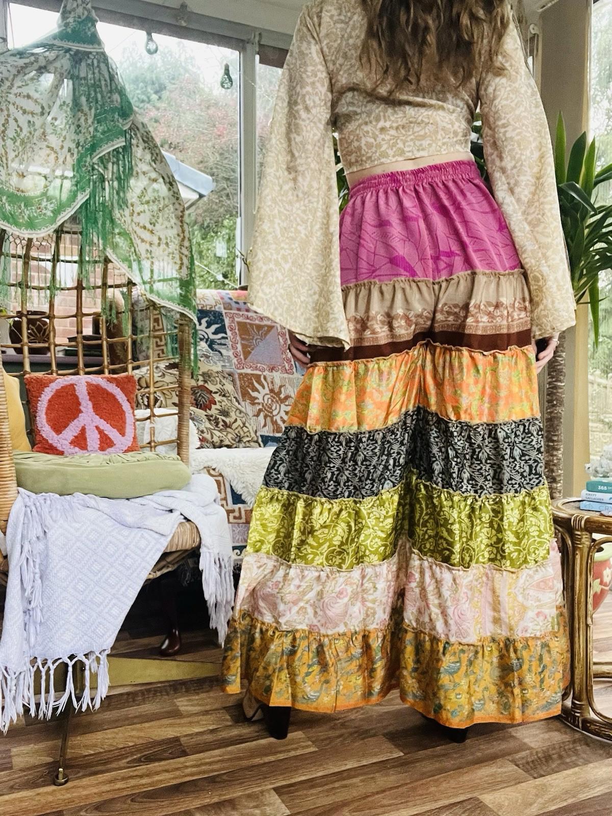 Wide Leg Trousers Vintage Patchwork Layered Sari Silk Hippie Boho Gypsy Pants M