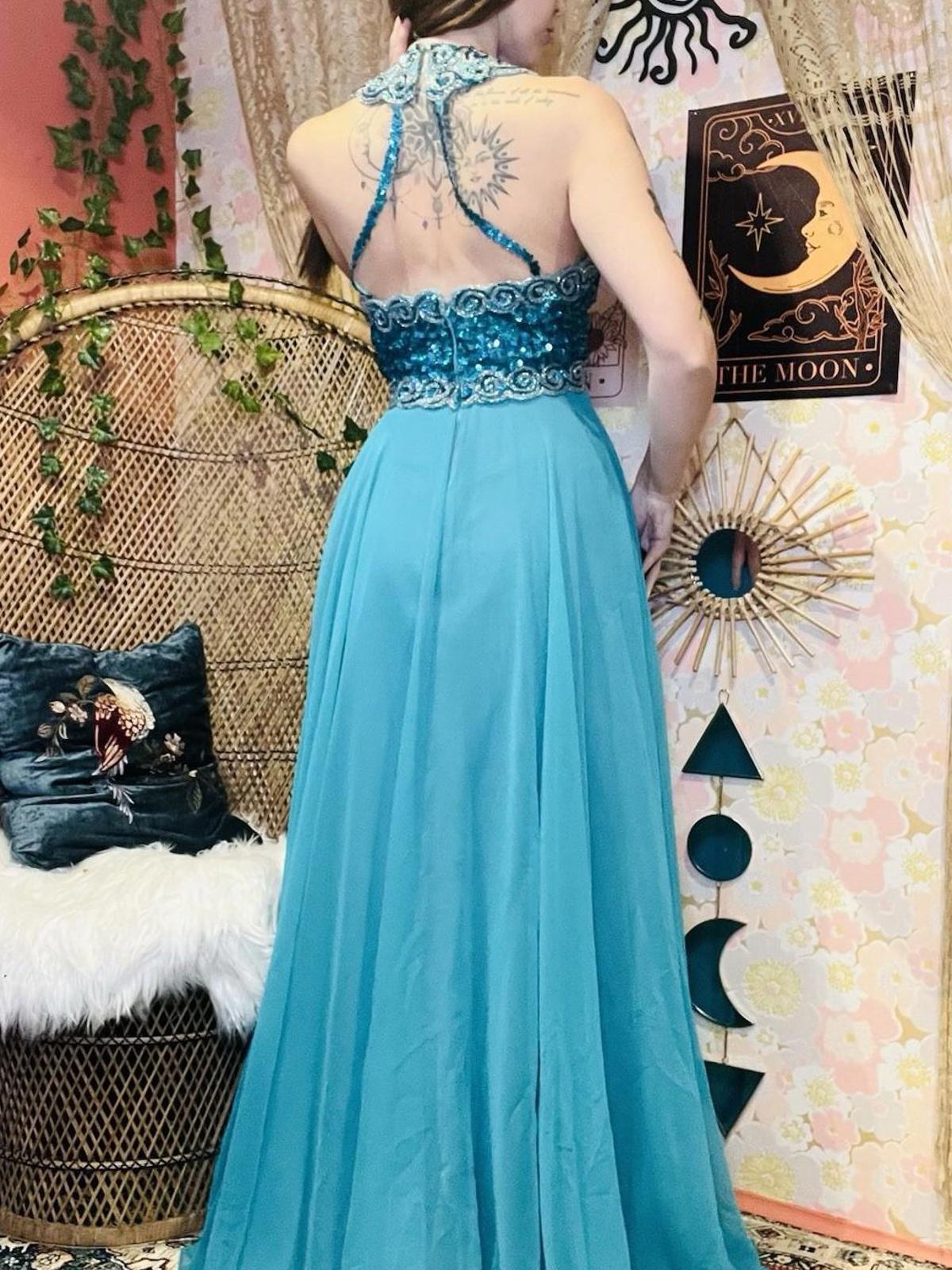 Vintage 1970s 1980s Dress Size 8 Teal Blue Designer Mike Benet Sequin Ball Gown