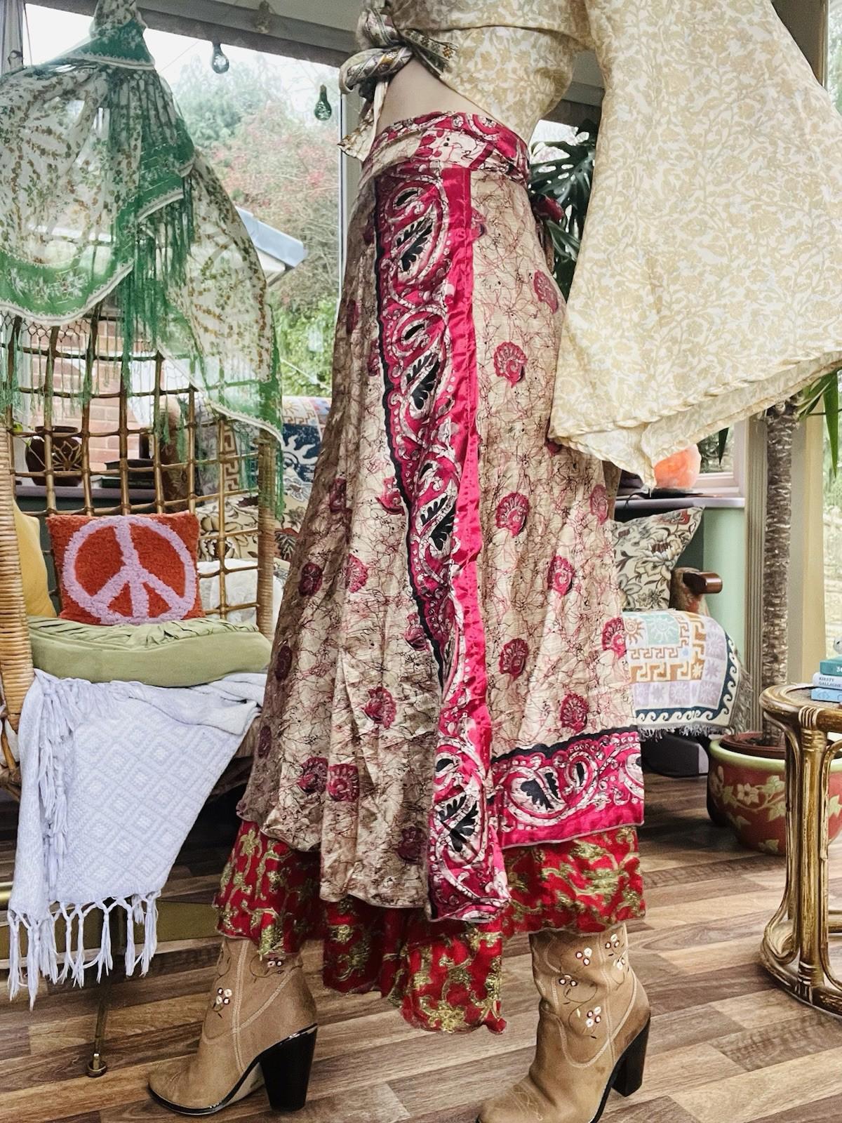 Layered Hippie Maxi Skirt Vintage Sari Silk Hippie Boho Long Gypsy Wrap Skirt