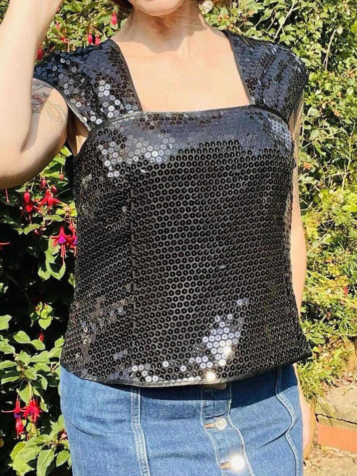 Vintage 1980s Sequin Top 16 Black Sparkly Evening Tank Vest Top Sleeveless Cami