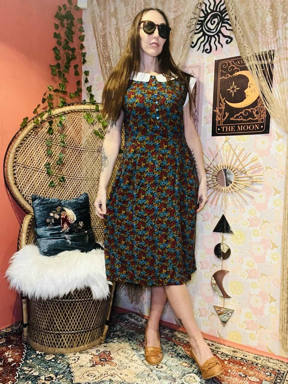 Vintage 70s Day Dress Size 16 Retro 1970s Ditsy Floral Collared Dress