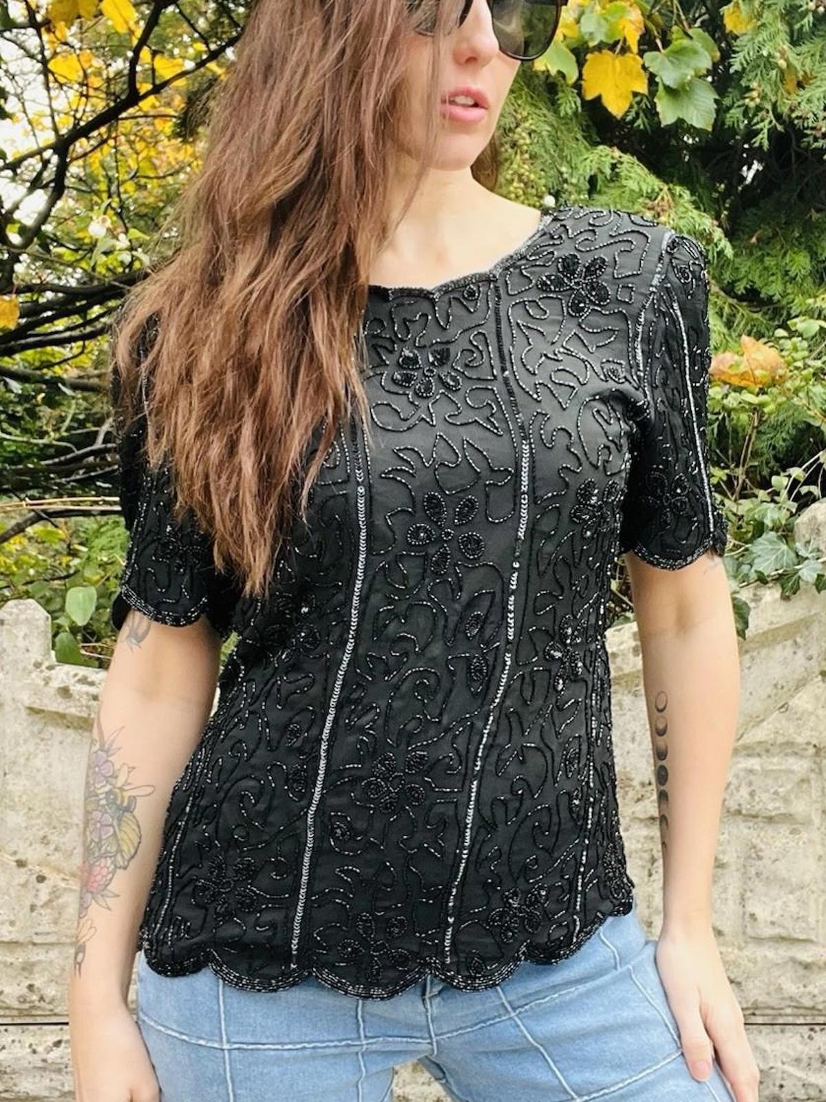 Vintage 1980s Beaded Top Size 14 Black Silk Embellished Sparkly Going Out Blouse