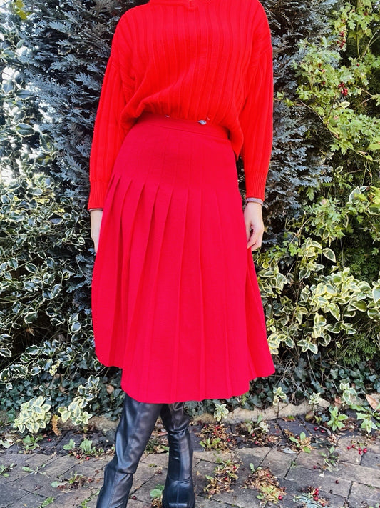 Vintage 1980s Pleated Skirt, High Waist Red Midi Kilt Style Skirt Size 8