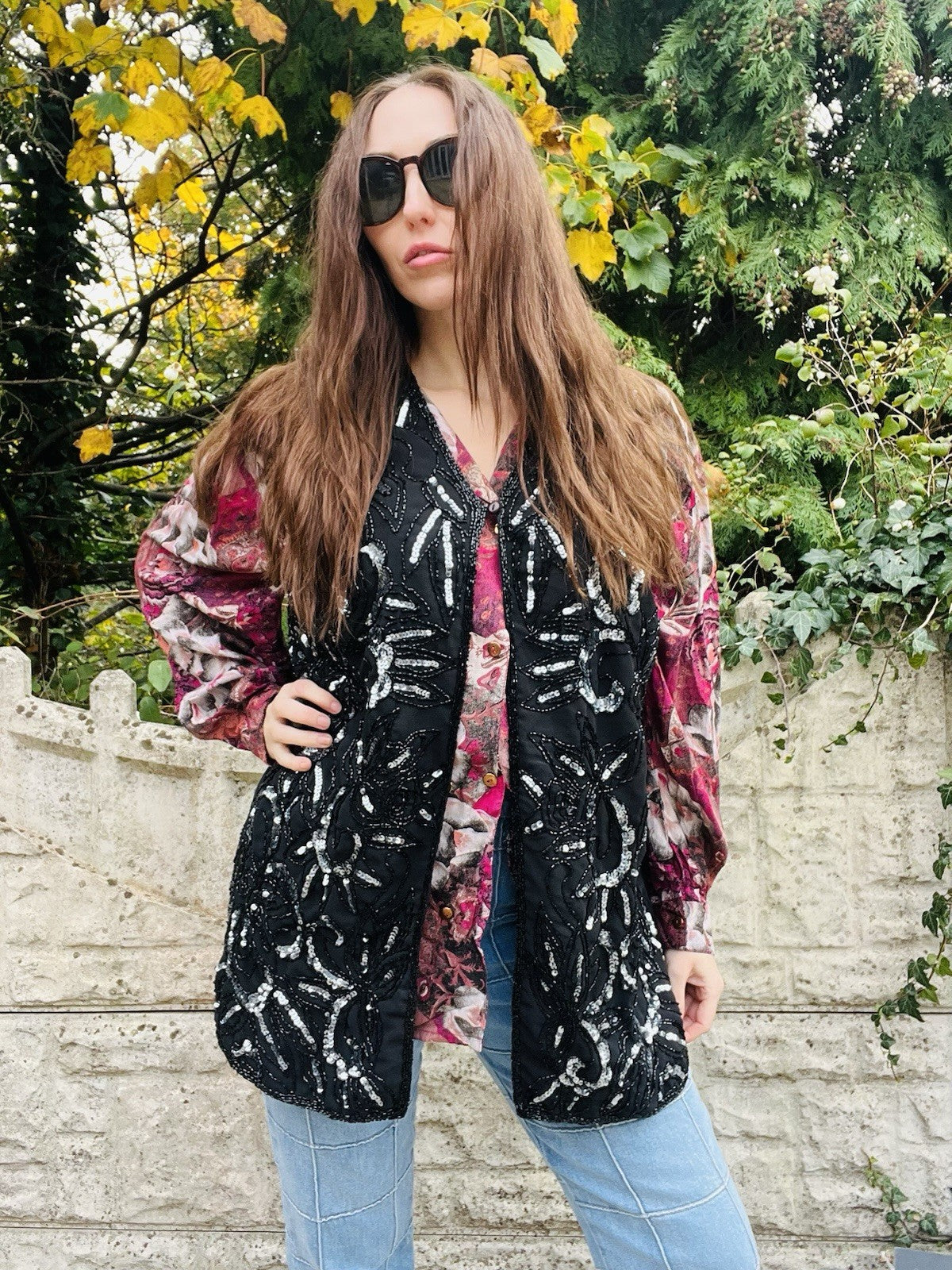 Vintage 80s Beaded Waistcoat Black Size 14 1980s Embellished Sequin Party Top