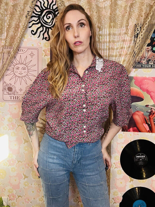 Vintage 1990s Summer Blouse Ditsy Floral Shirt With Crochet Collar Size 12