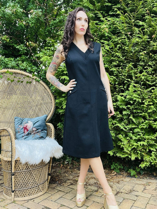 Vintage 1970s Tailored Dress Smart Office Work Wear Black Midi Dress Size 14