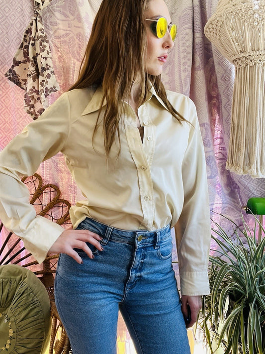 Vintage Blouse Bold Retro Print Collared Shirt Casual Or Formal Office Workwear