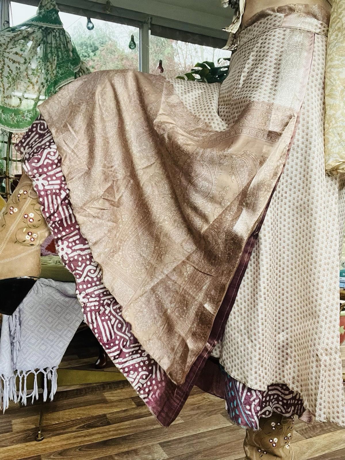 Layered Hippie Maxi Skirt Vintage Sari Silk Hippie Boho Long Gypsy Wrap Skirt