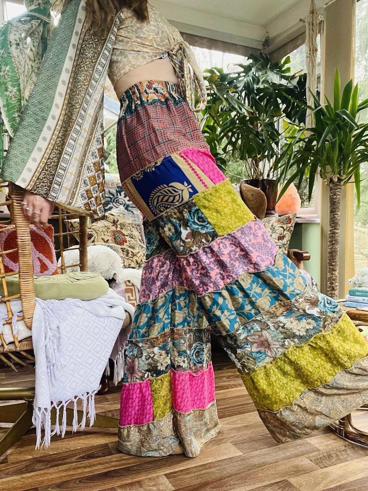 Wide Leg Trousers Vintage Patchwork Layered Sari Silk Hippie Boho Gypsy Pants M