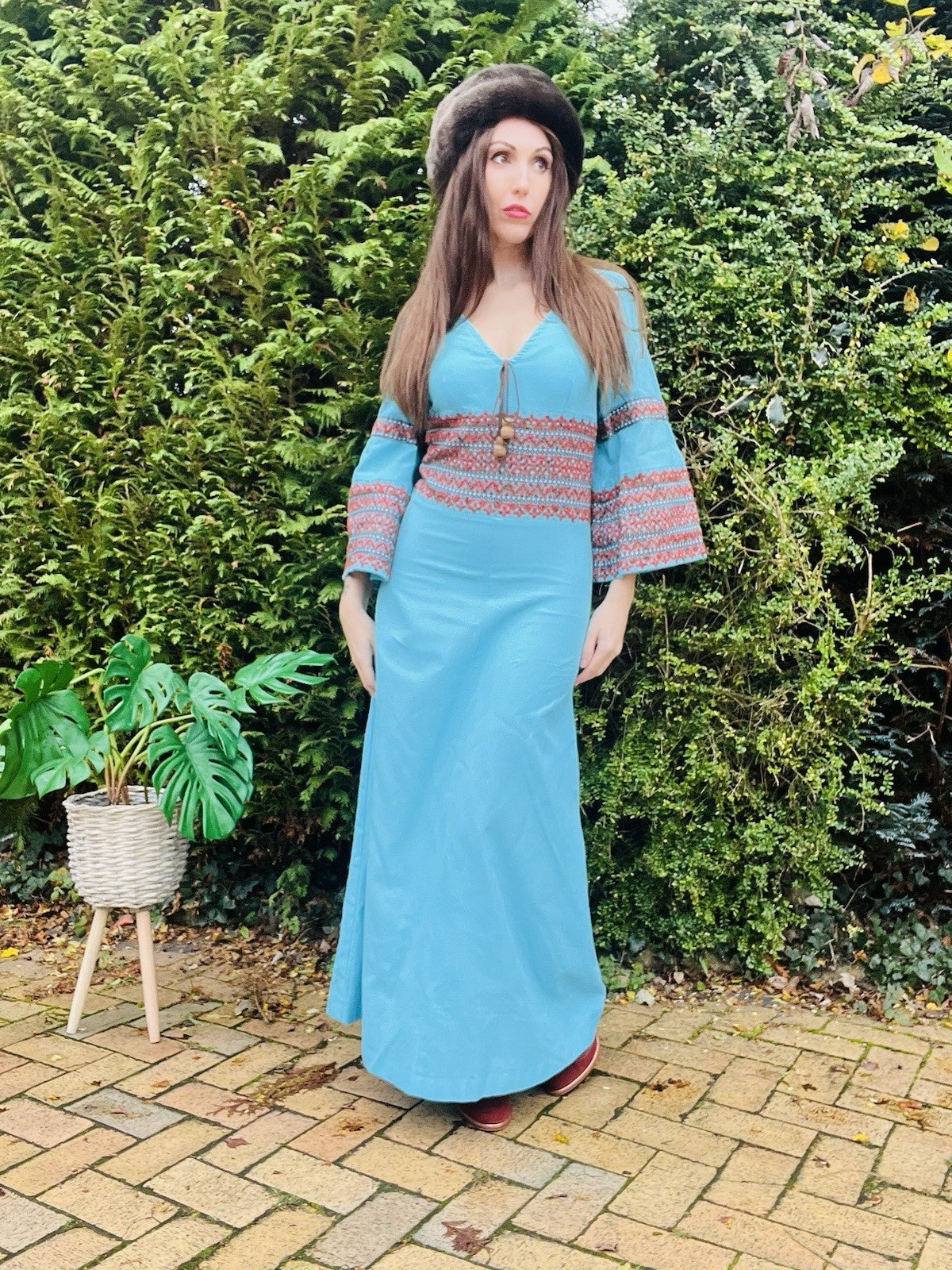 Vintage 1970s Maxi Dress By Arola Blue 70s Bell Sleeves Hippie Boho Folk Dress