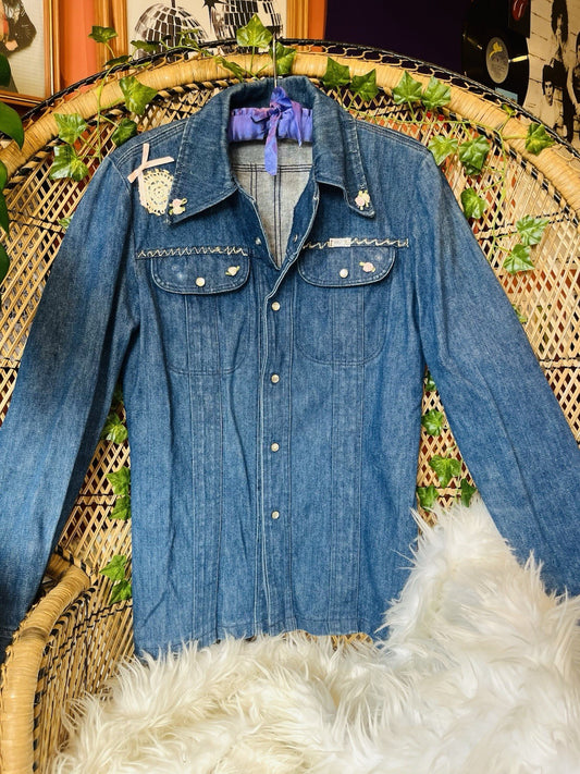 Vintage 1970s Denim Jacket Reworked Donothing Sedgefield Retro Festival Coat S